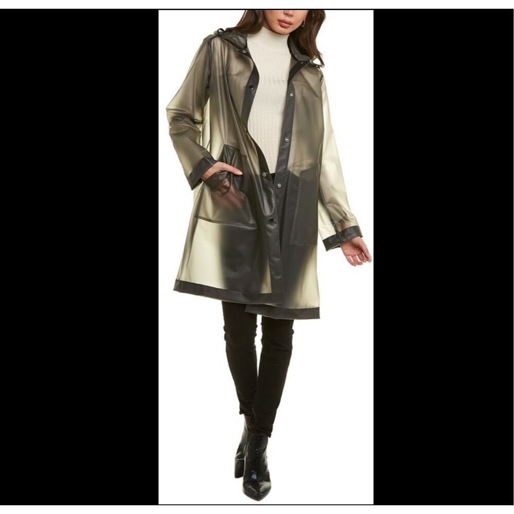Jane Post $375 Translucent Rain Coat Smoke Hooded Womens Small NEW
